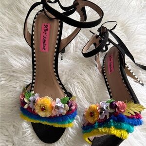 Betsey Johnson Black Floral Multicolor Fringe Ankle-Tie Heels